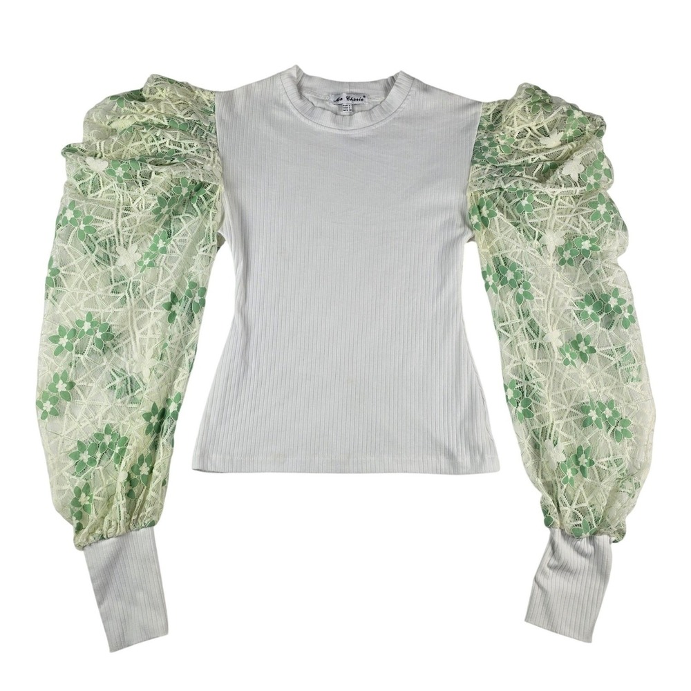 Ma Chérie‎ Puff Sleeve Lace Ribbed Top Women Large White Green Floral Statement